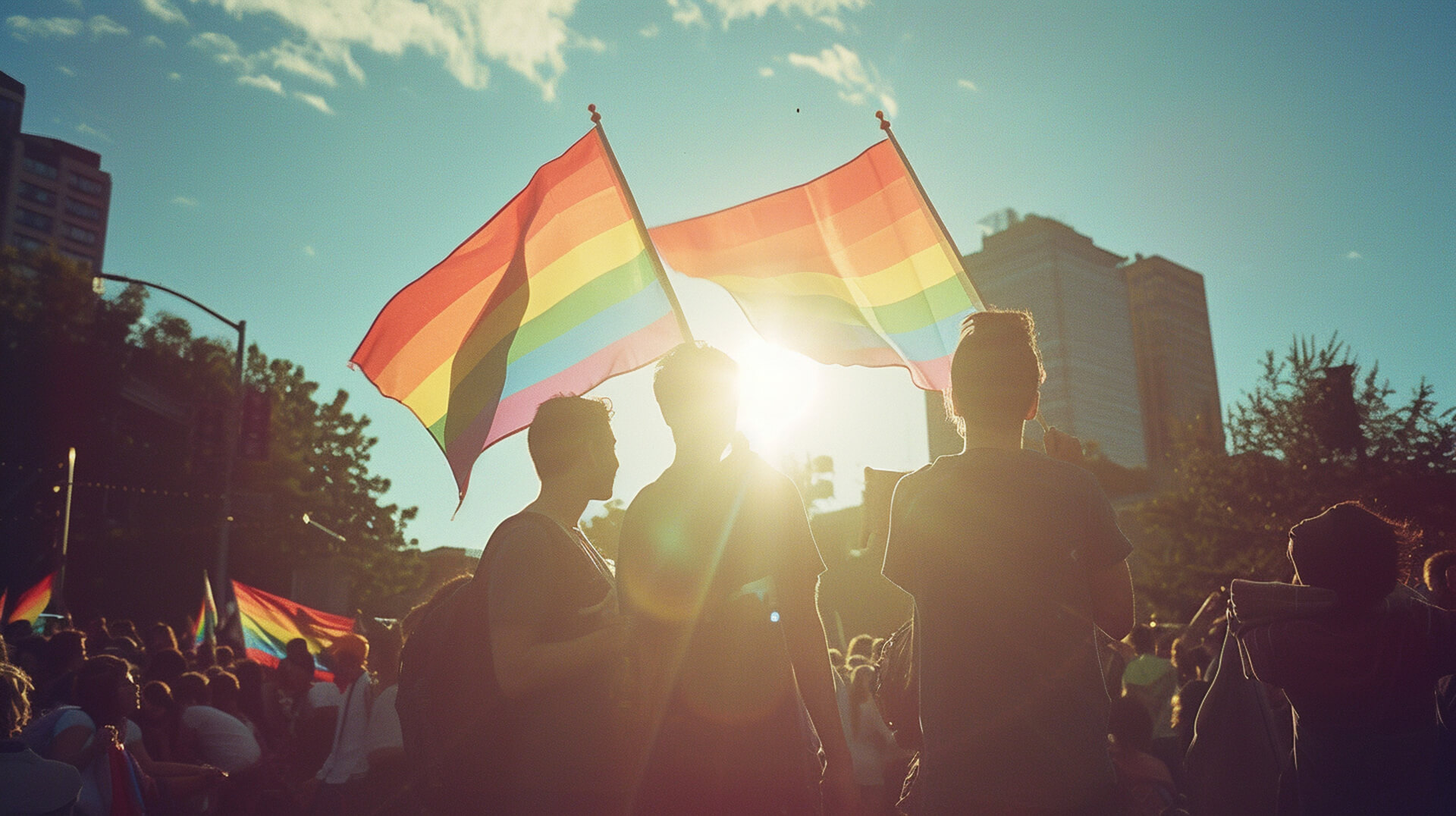 Siluetas de personas sosteniendo banderas arcoíris durante una manifestación LGBTQ+ al aire libre.