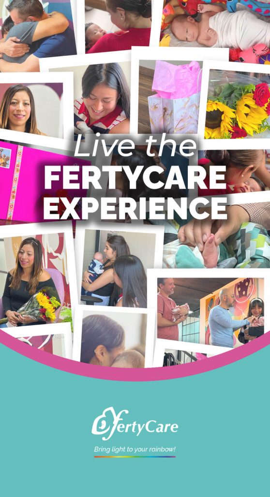 Collage de imágenes mostrando a familias y personal médico de FertyCare, con el texto 'Live the FertyCare Experience' en el centro.